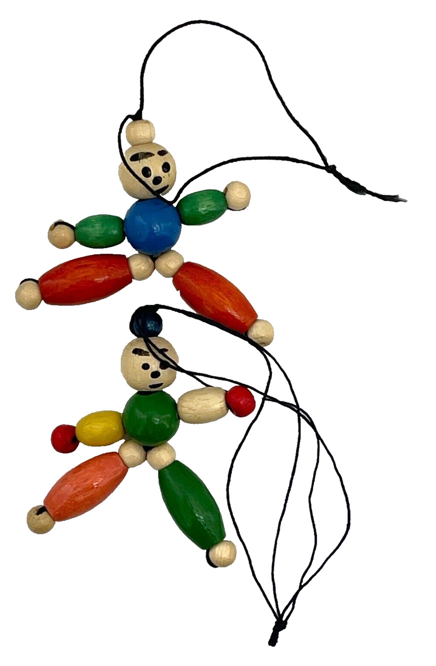 Lot of 2 Wooden Strung Beaded Doll Ornaments Bag Charms Multicolor Hanging